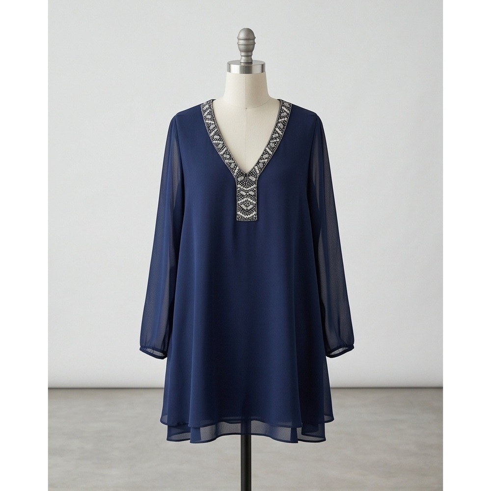 Ulla Popken 24/26 Navy Blue Beaded V-Neck Chiffon Overlay Tunic Top 2X/3X NWT